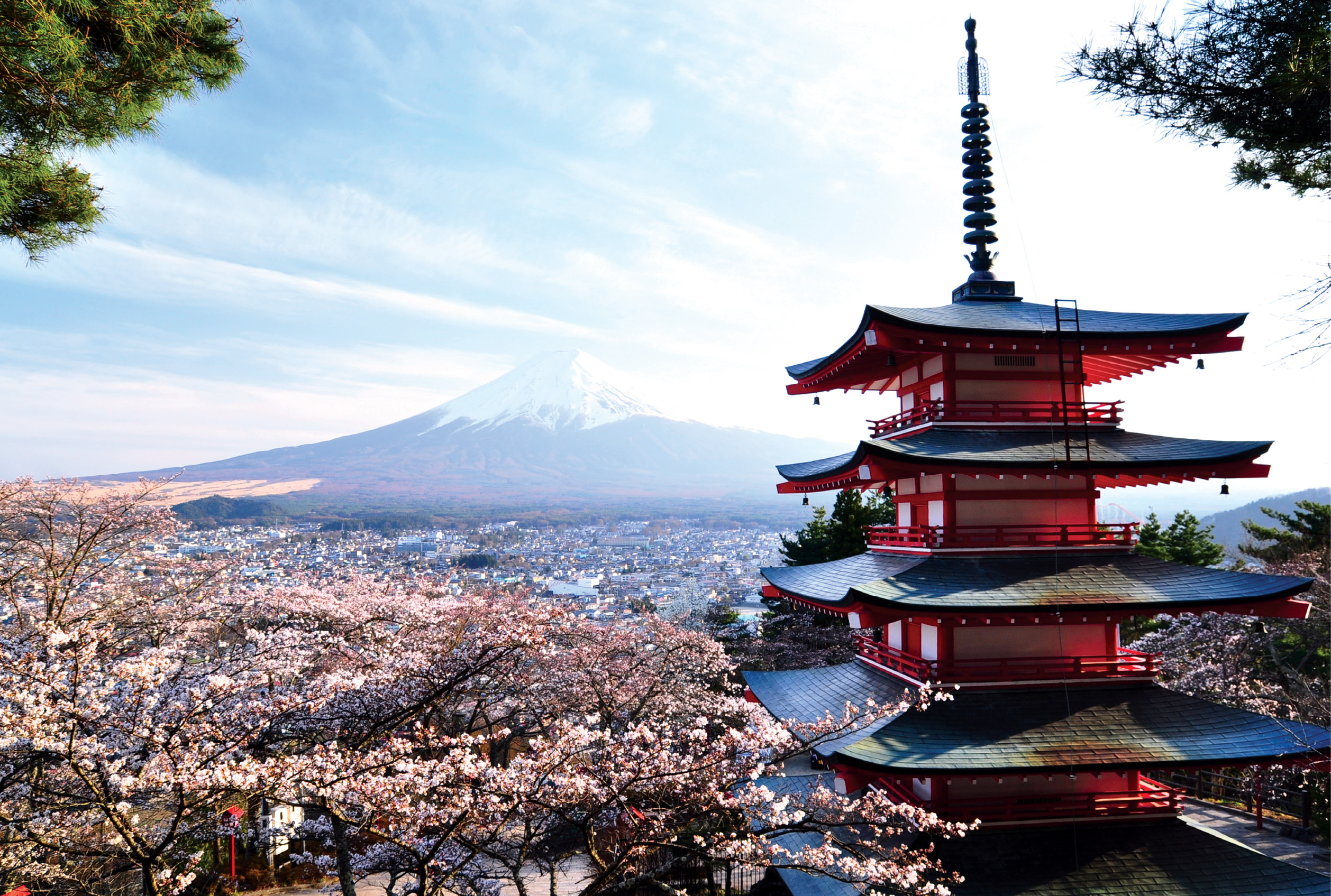 Red pagoda with Mt. Fuji in the background