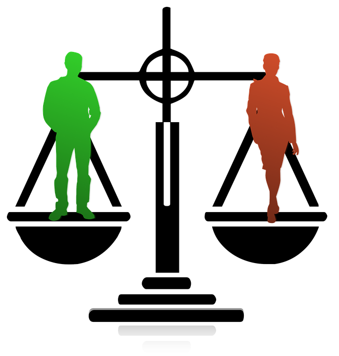 Man and woman on scales, gender equality illustration