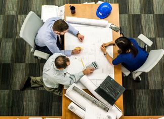 Meeting, 3 engineers, taken from above