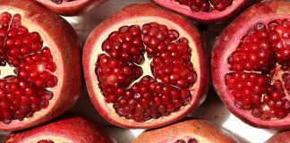 Pomegranate fruit, cut open to show seeds