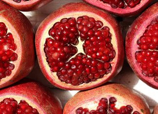 Pomegranate fruit, cut open to show seeds