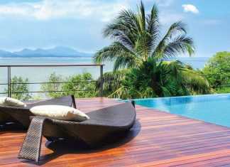 Luxury resort, pool, sea, palm tree