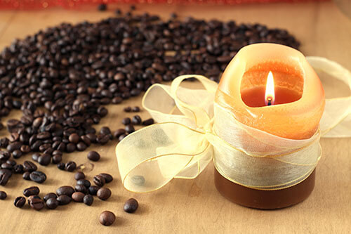 Scented candle, coffee beans, biophilic design