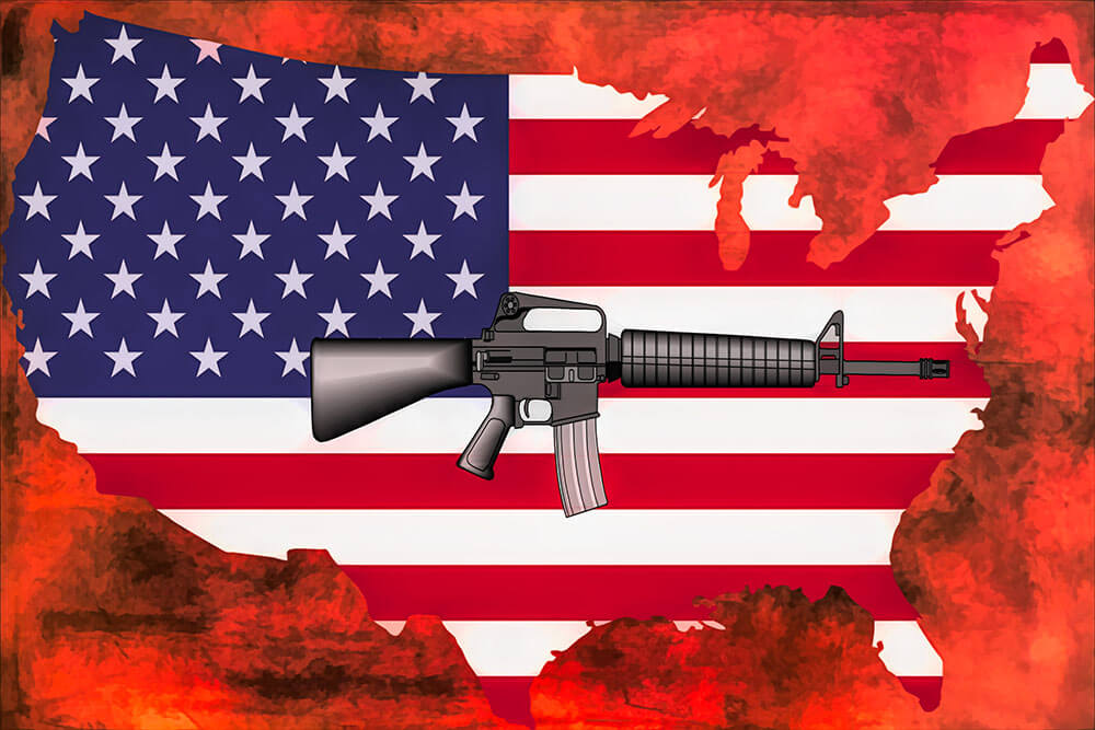 Assault Rifle, AR15, US flag, map. Gun violence illustration