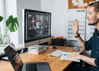 Man working from home, video conference, Zoom