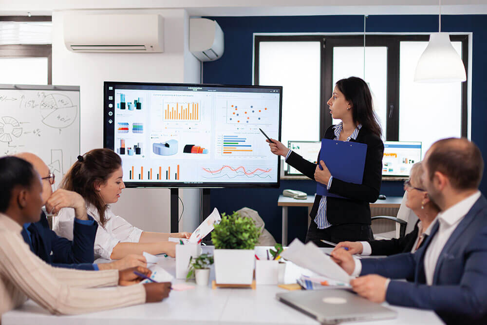 Office, board meeting, businesswoman giving presentation