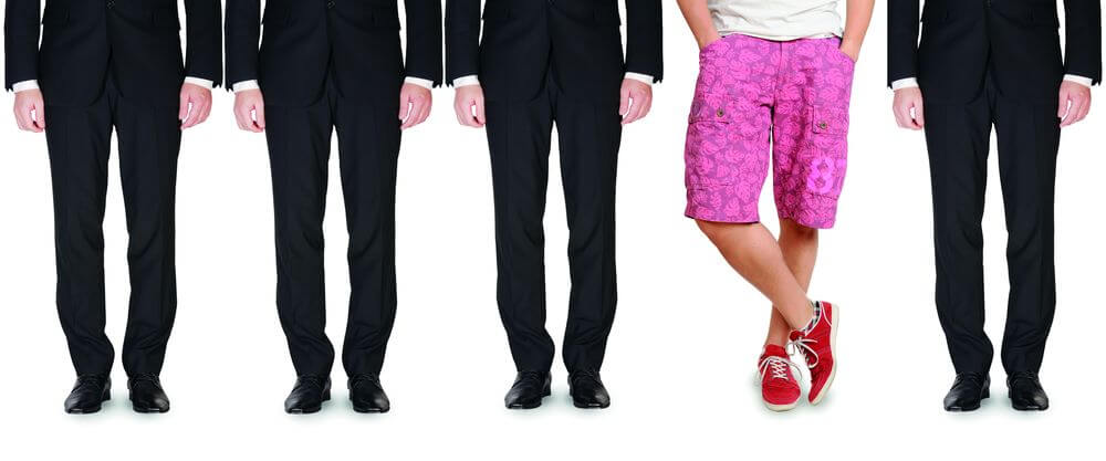 Men from waist down: suits, shorts, trainers. Formal, casual