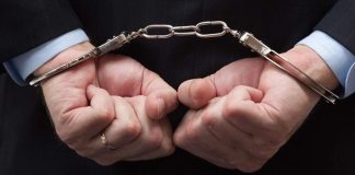 Businessman in handcuffs. Covid scheme fraud illustration