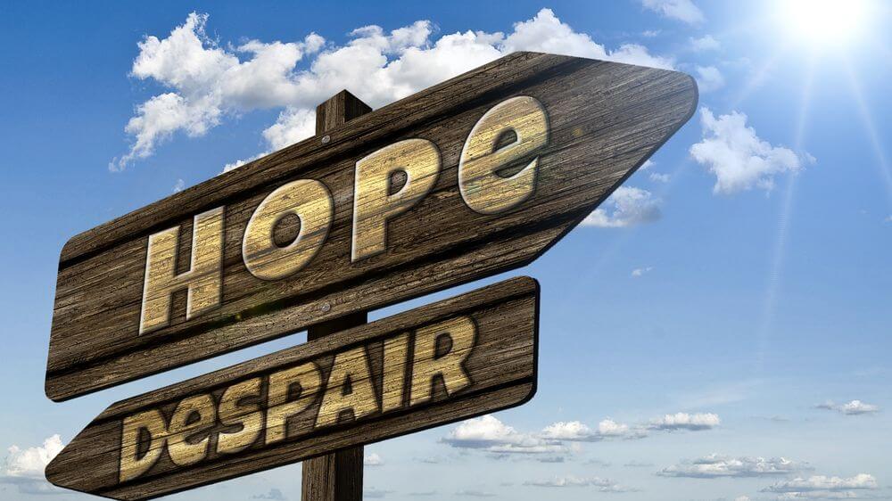 Hope and despair, signpost. Hopium illustration