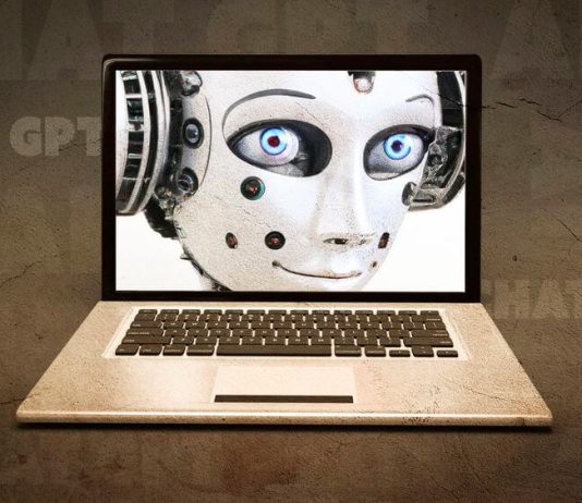 Robot on laptop screen. ChatGPT illustration