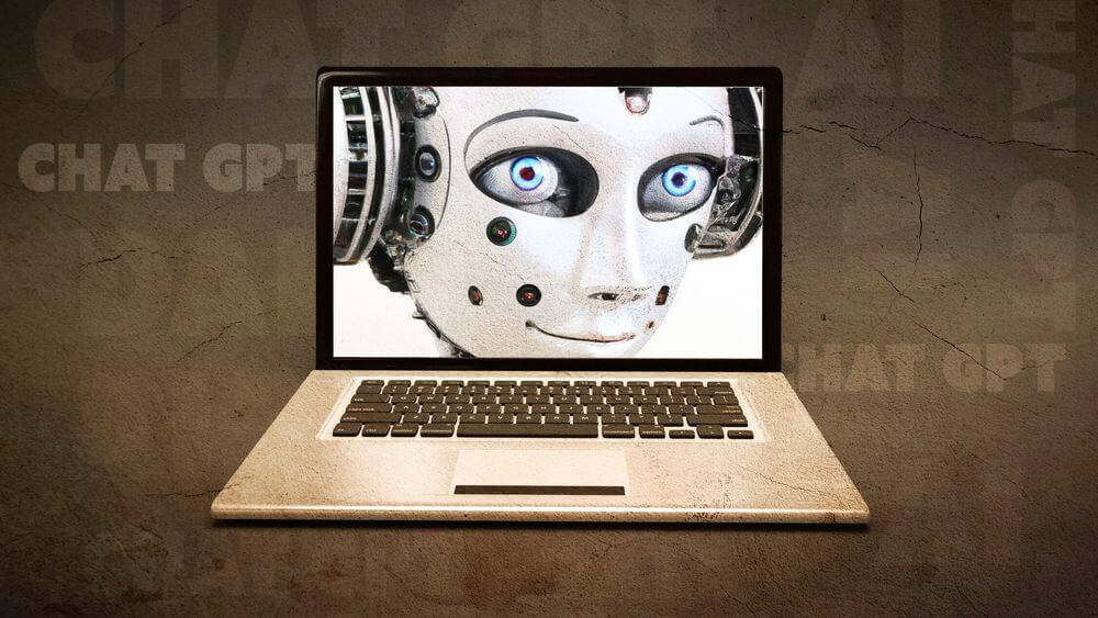 Robot on laptop screen. ChatGPT illustration