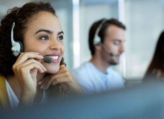 Woman in office, talking on headset. Sales matrix illustration