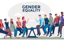 Men and women on seesaw, gender equality, recruitment bias illustration