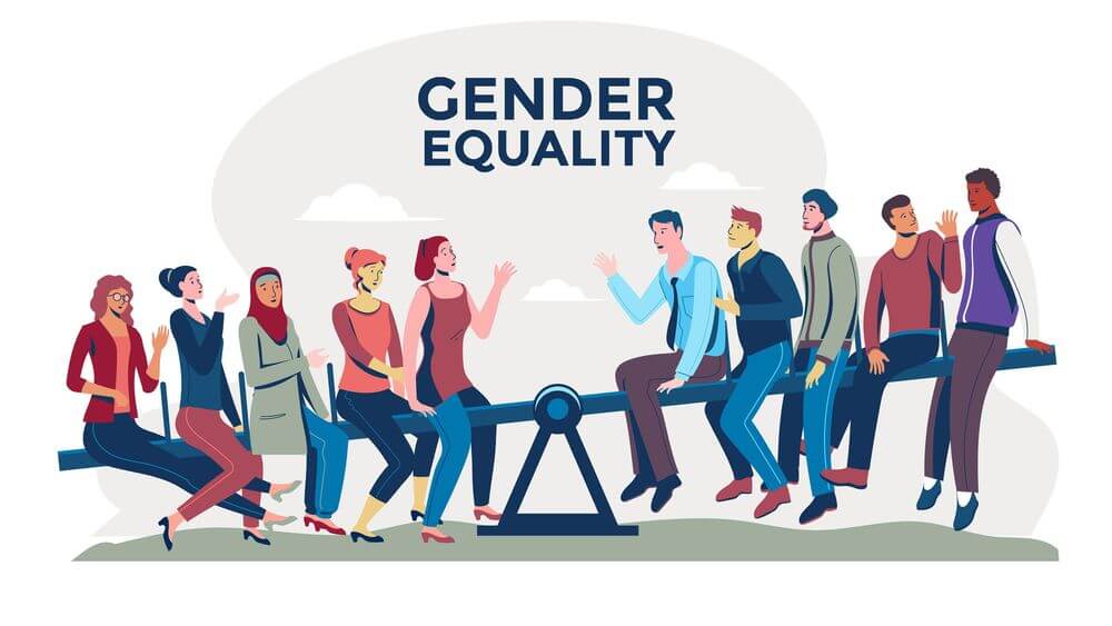 Men and women on seesaw, gender equality, recruitment bias illustration