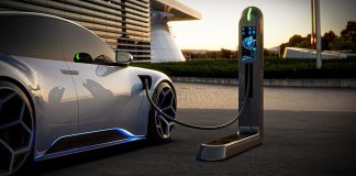 Expensive-looking electric car at charging station, sustainability costs illustration