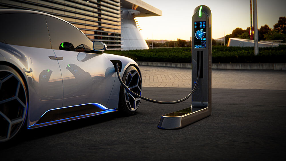 Expensive-looking electric car at charging station, sustainability costs illustration