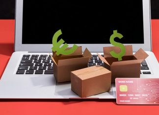e-commerce, boxes, money, laptop, return fraud illustration