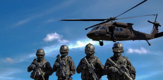 Soldiers, helicopter