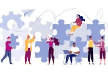 Playful office, connections with colleagues illustration