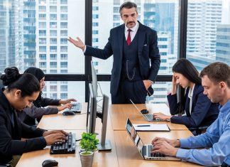 Meeting, moody boss, subdued staff, staff exodus illustration