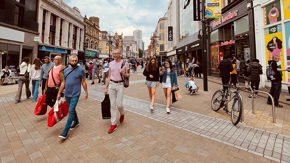 Shopping street, Leeds, UK. High street illustration