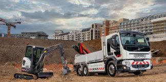 Volvo ECR25 electric compact excavator and Volvo FE electric truck