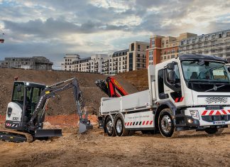 Volvo ECR25 electric compact excavator and Volvo FE electric truck